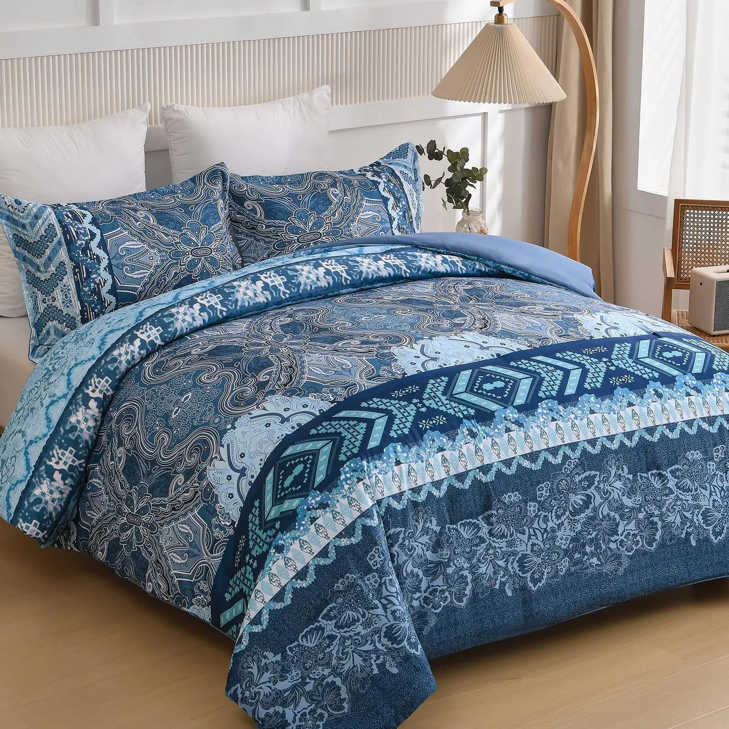WONGS BEDDING Boho Comforter Set Queen SizeBohemian Navy Blue Bedding Comforter Set3 Pieces Lightweight Microfiber Bedding Set for All Season(90"x90")