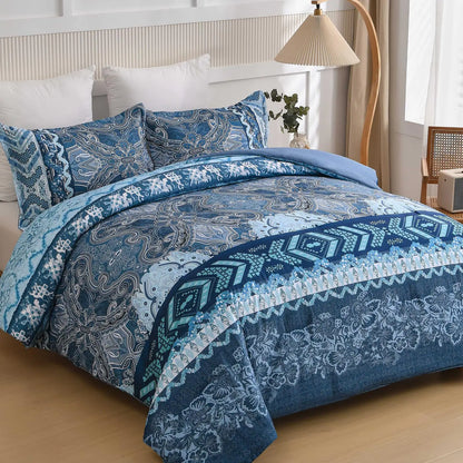 WONGS BEDDING Boho Comforter Set Queen SizeBohemian Navy Blue Bedding Comforter Set3 Pieces Lightweight Microfiber Bedding Set for All Season(90"x90")