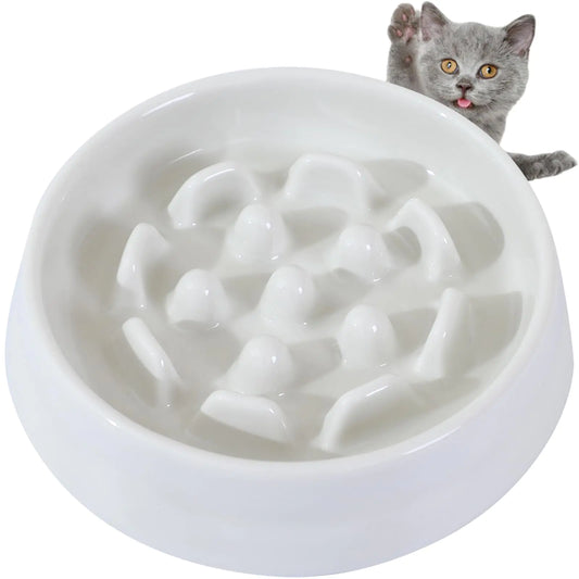 JuWow Ceramic Cat Slow Feeder Food Bowl Higher Edges Non-Spill Design Fun Cat Puzzle Feeder Bowl Anti Vomiting Anti Gulping Healthy Eating Diet Pet Bowls for Kittens Small Pets Wet Food