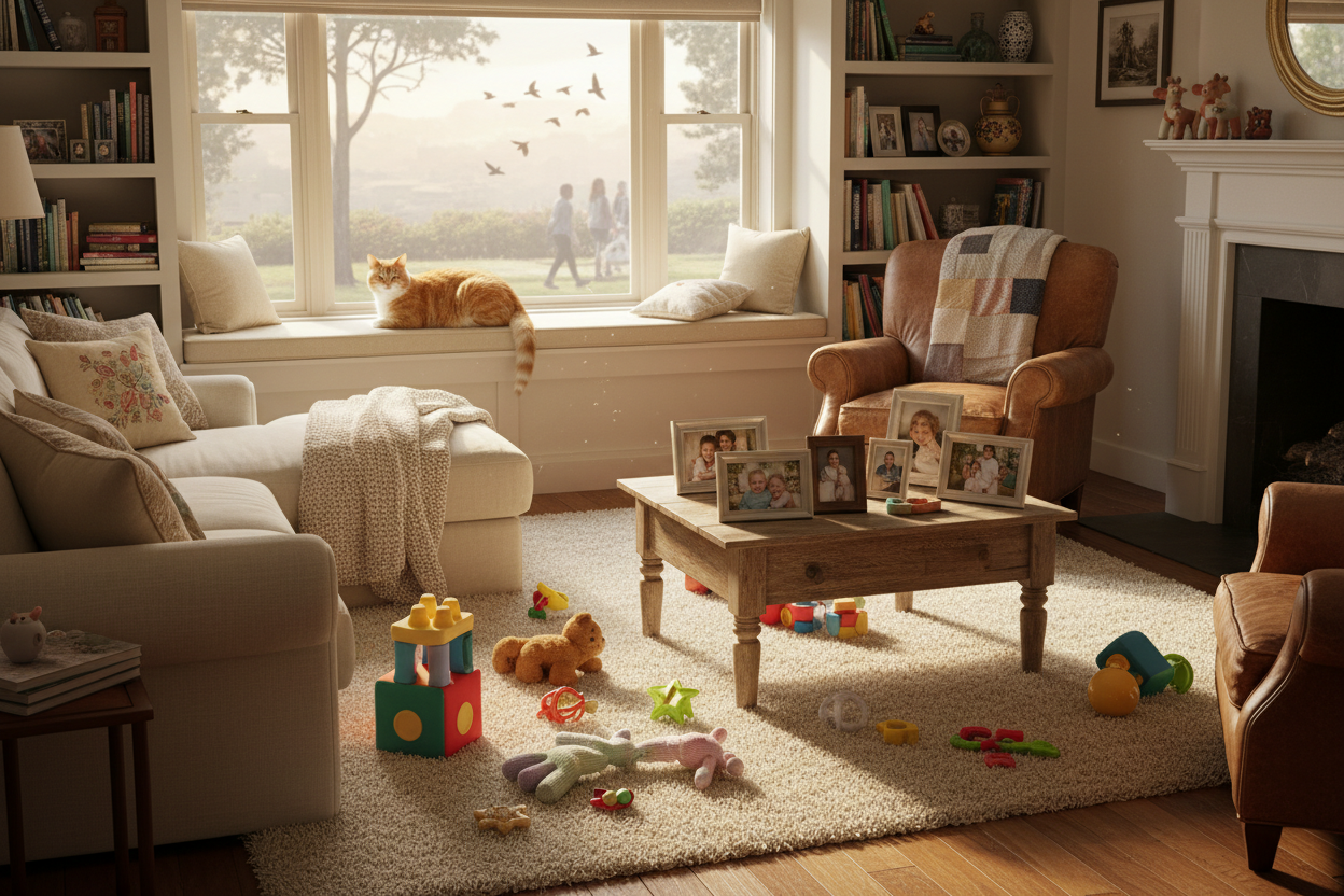 a loving adorable home with baby toys laying about with a cat looking off into the living room window watching birds and people walking by.