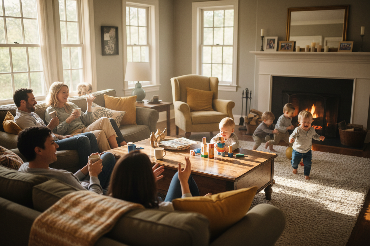 beautiful family home gathering with kids and toddlers playing in the background 